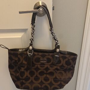 Coach Brown Signature Canvas Tote with Chain-Link Leather Straps